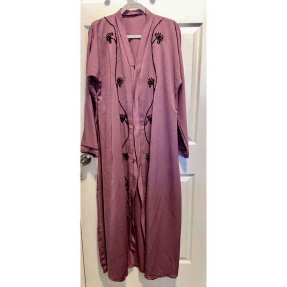 Unbranded Women's Pink and Black Embroidered Flower Modest Maxi Abaya Size M